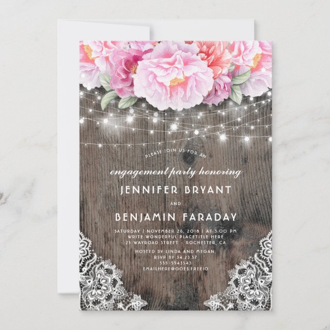 Invitation Pink Floral Rustic Wood Lace (Devant)