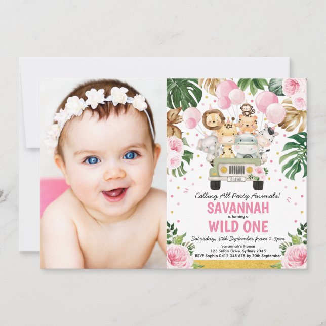 Invitation Pink Floral Safari Animaux Wild One Girl Anniversa (Devant)