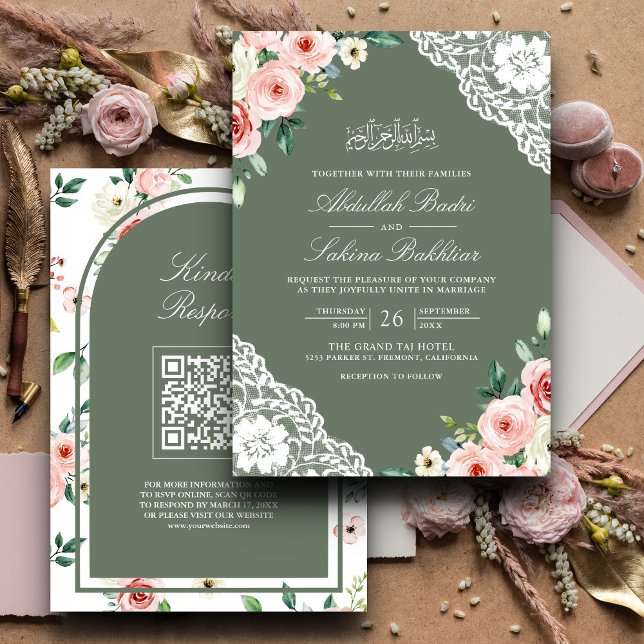 Invitation Pink Floral Sage Green Lace QR Code Mariage musulm (Créateur téléchargé)