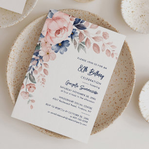 Invitation Pink Floral Script 80e fête d'anniversaire