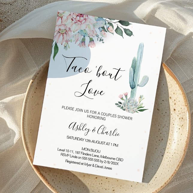 Invitation Pink Floral Taco à propos d'amour Couples Douche (Taco 'Bout Love Couples Shower Invitation, Pink Floral Cactus Fiesta Couples Shower Invitation)