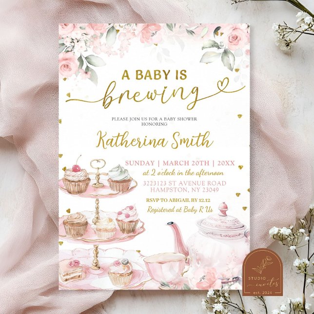 Invitation Pink Floral Tea Party Baby brasse l'invitation (Créateur téléchargé)