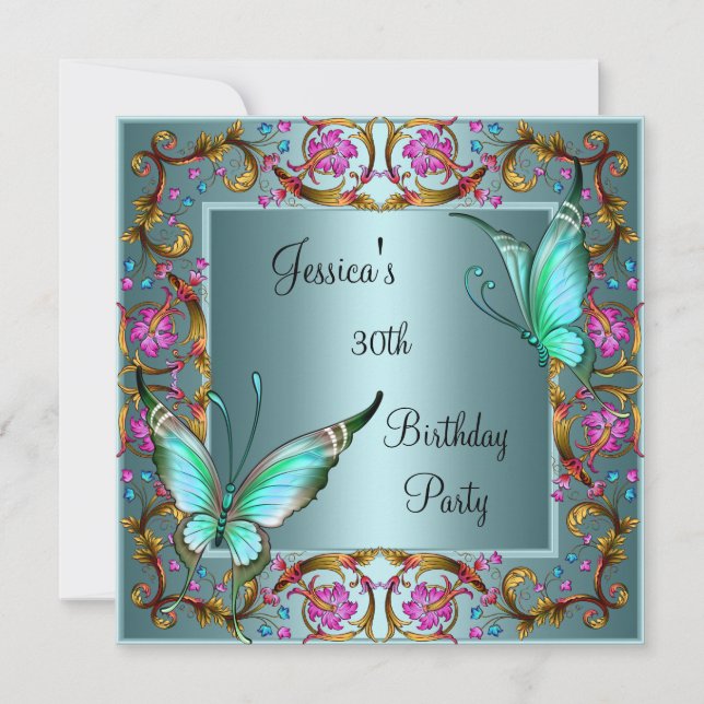 Invitation Pink Floral Turquoise Bleu papillon 30e anniversai (Devant)