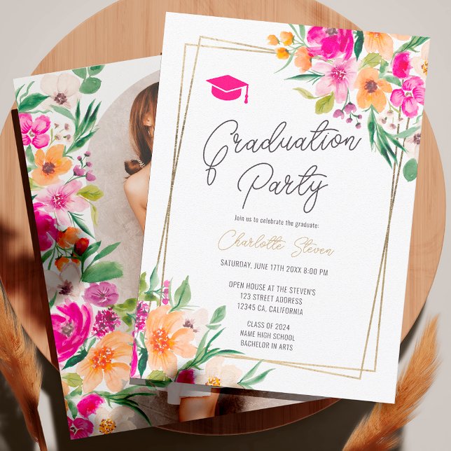 Invitation Pink floral vert chic or script graduation (Pink floral green chic gold script graduation invitation)