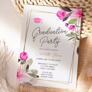 Invitation Pink floral vert chic or script graduation
