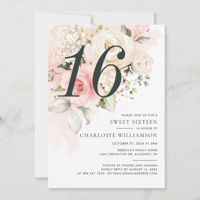 Invitation Pink Floral Watercolor Sweet 16 Birthday Party (Devant)