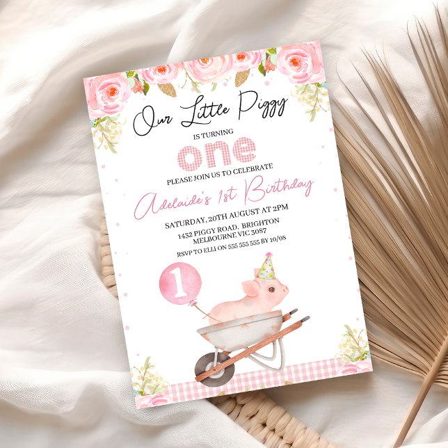 Invitation Pink Floral Wheelbarrow Little Piggy 1er Anniversa (Pink Floral Little Piggy 1st Birthday Invitation Girl, Our Little Piggy First Birthday Invite, )