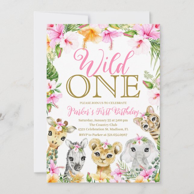 Invitation Pink Floral Wild One Jungle Safari Anniversaire fi (Devant)