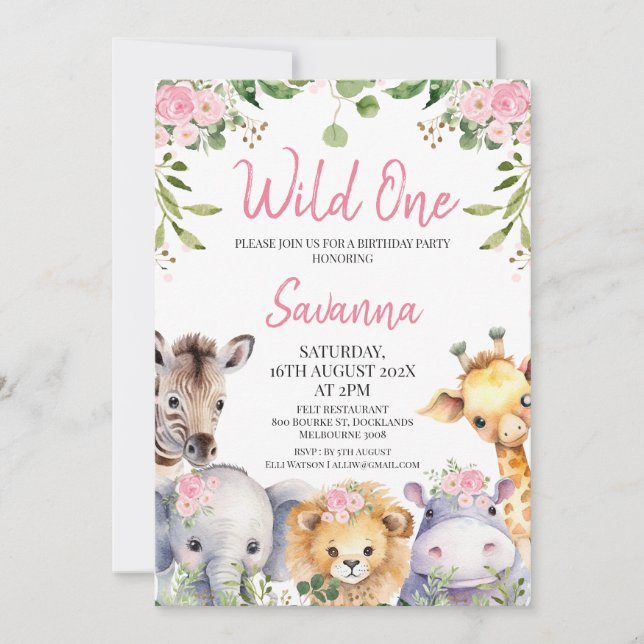 Invitation Pink Floral Wild One Safari Animaux 1er anniversai (Devant)