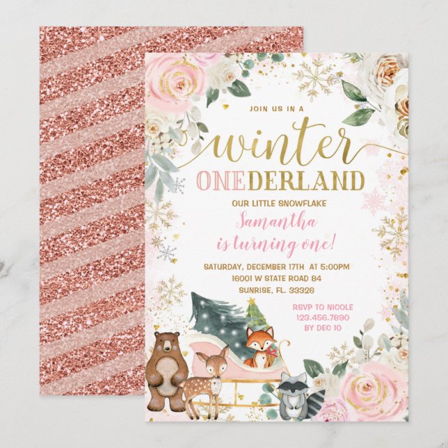 Invitation Pink Floral Winter Snowflake Sleigh Anniversaire (Devant / Derrière)