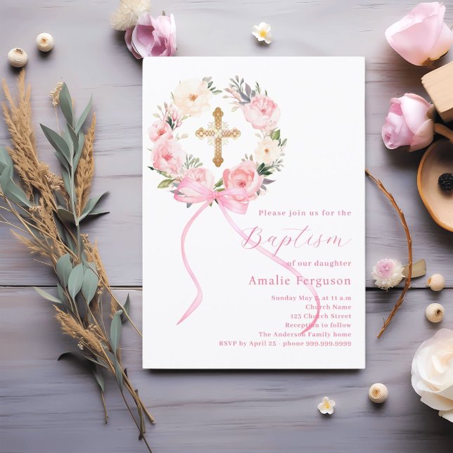Invitation Pink floral wreath cross bow girl baptism (Créateur téléchargé)