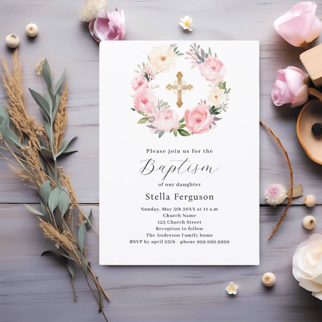 Invitation Pink florals wreath cross girl baptism (Créateur téléchargé)