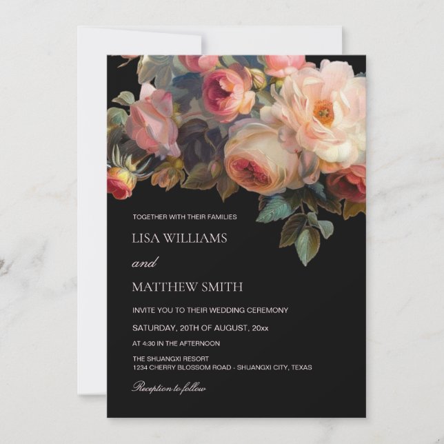 Invitation Pink Flower Dark Floral | Photo Wedding (Devant)