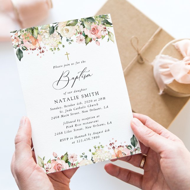 Invitation Pink Flowers, White Flowers, Boho, Floral Baptism (Créateur téléchargé)