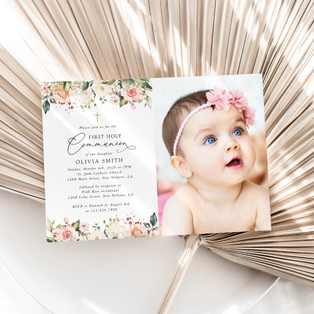 Invitation Pink Flowers, White Flowers, First Holy Communion (Créateur téléchargé)