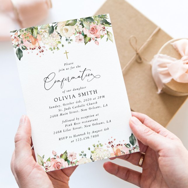 Invitation Pink Flowers, White Flowers, Floral Confirmation (Créateur téléchargé)