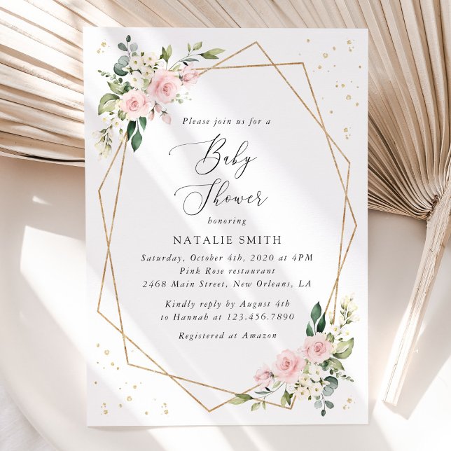 Invitation Pink Flowers, White Flowers, Greenery, Baby Shower (Créateur téléchargé)