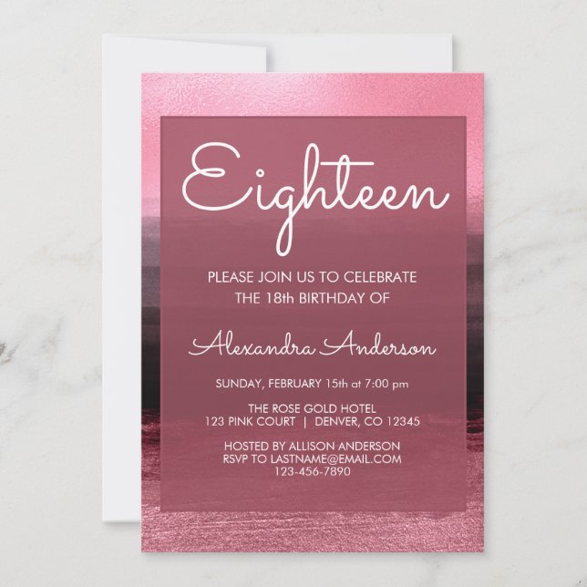 Invitation Pink Foil Girly Paint Stroke 18e anniversaire (Devant)