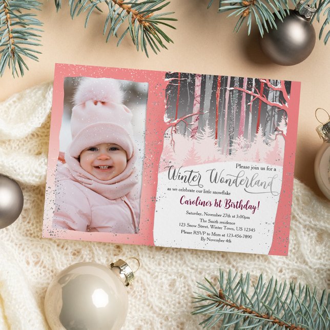 Invitation Pink Forest Winter Wonderland Girls 1er anniversai (Créateur téléchargé)