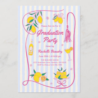 Invitation Pink Freshly Graduate Lemon Citrus Stripes Grad In