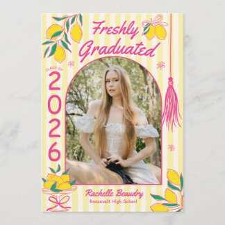 Invitation Pink Freshly Graduate Lemon Citrus Stripes Grad In