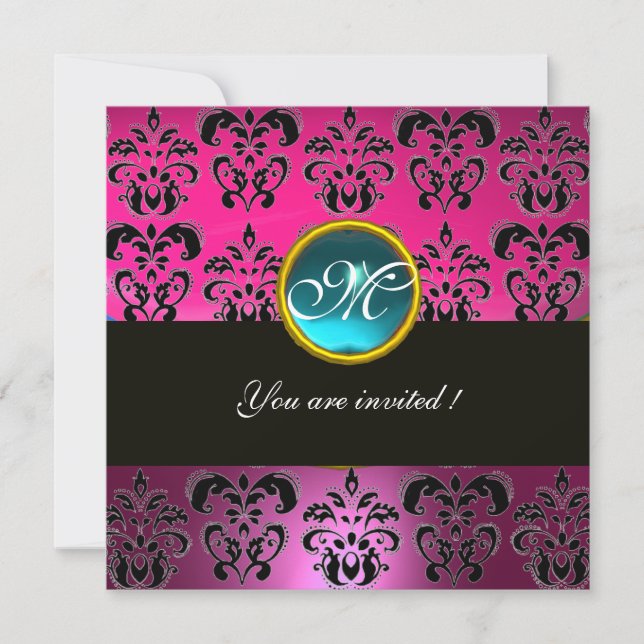 Invitation PINK FUCHSIA BLACK DAMASK MONOGRAM, bleu aquamarin (Devant)