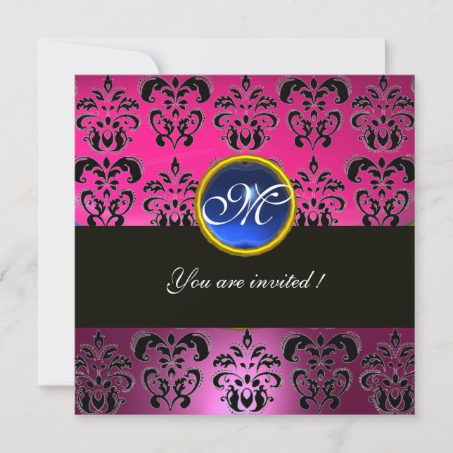 Invitation PINK FUCHSIA NOIR DAMAS MONOGRAMME, saphir bleu (Devant)