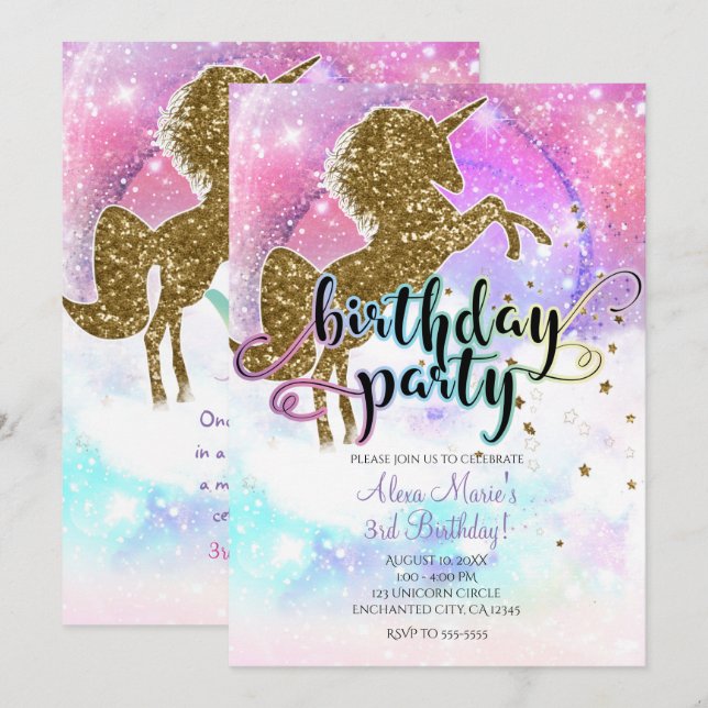Invitation Pink Galaxy Magique Unicorne Étincelle Fête d'anni (Devant / Derrière)