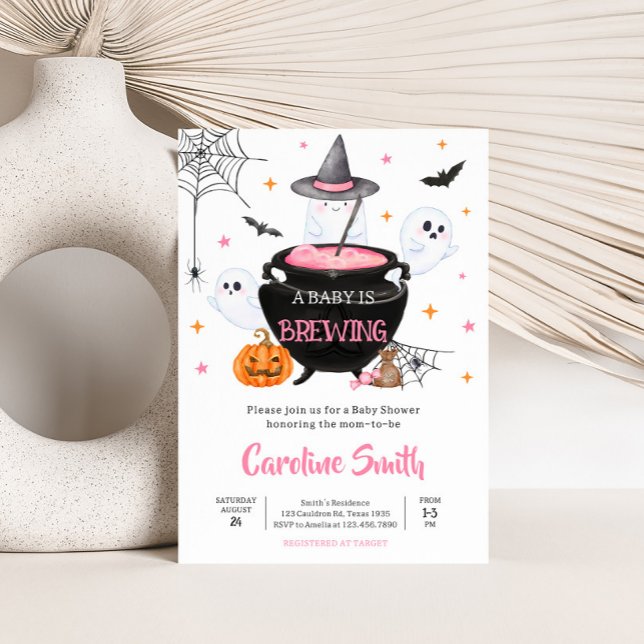 Invitation Pink Ghost Halloween Baby est en train de brasser  (Baby is Brewing Baby Shower Invitation
)