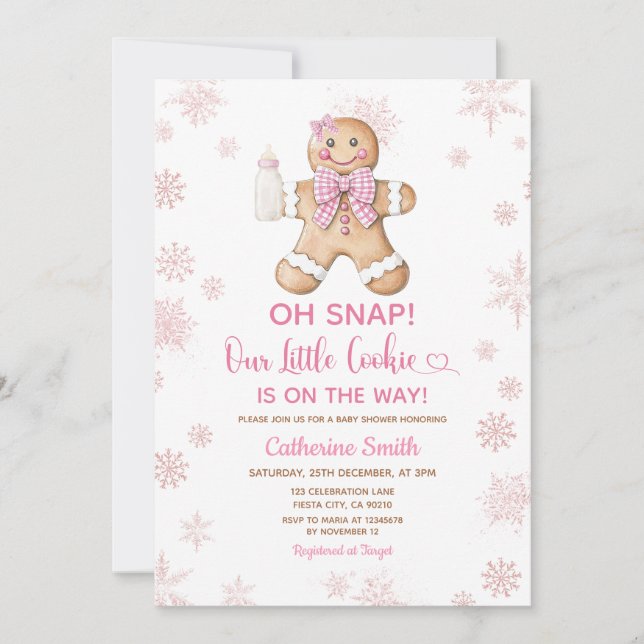 Invitation Pink Gingerbread Christmas Baby Shower Snowflakes (Devant)