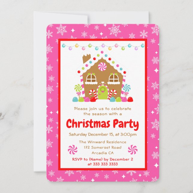 Invitation Pink Gingerbread House Christmas Party (Devant)