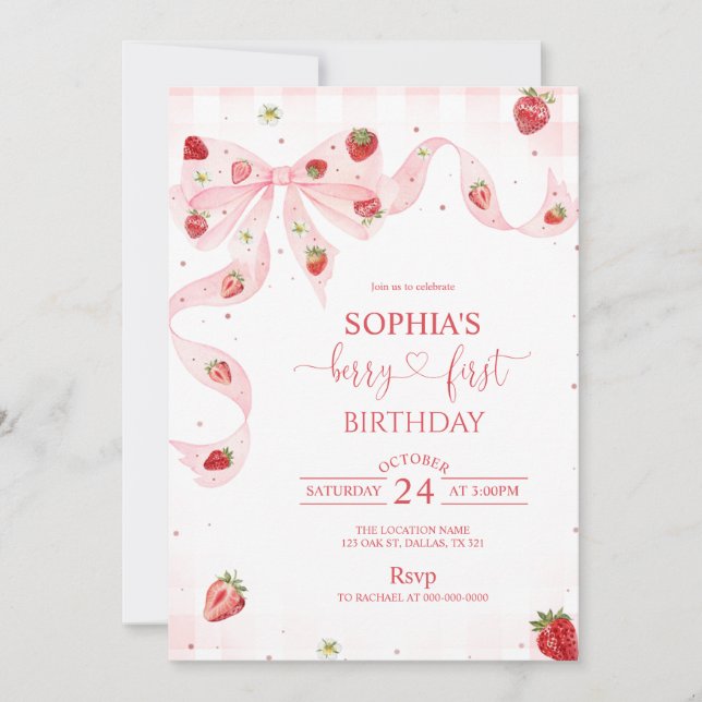 Invitation Pink Gingham Berry First Strawberry 1st Birthday (Devant)
