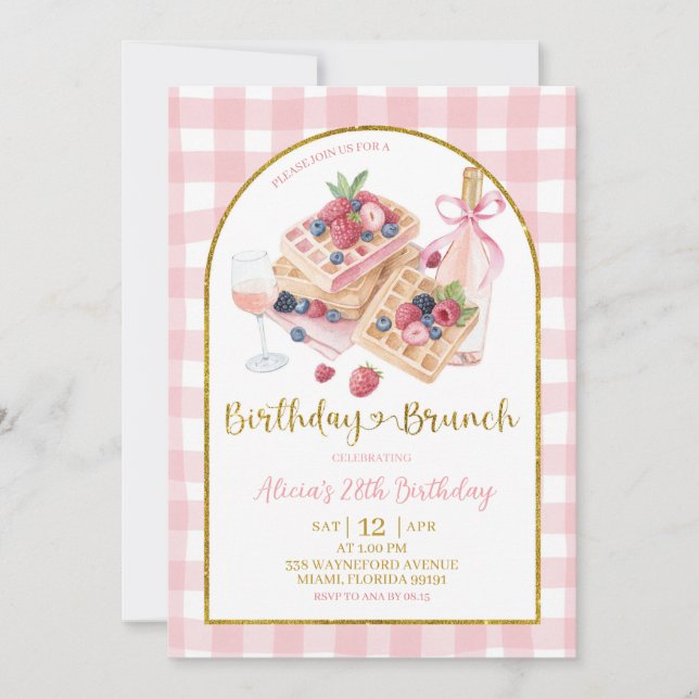 Invitation Pink Gingham Bow Coquette Waffle Birthday Brunch (Devant)