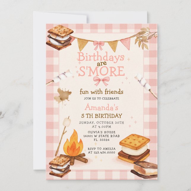 Invitation Pink Gingham Fall Camping Bonfire Smores (Devant)