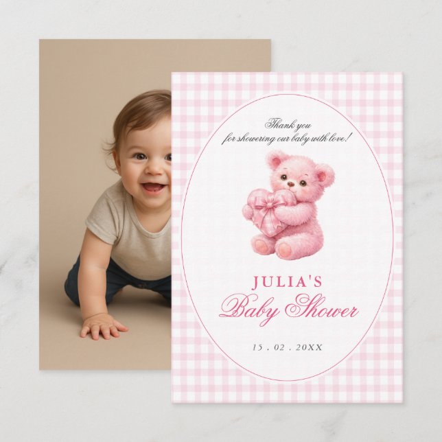 Invitation Pink Gingham Teddy Bear Neutral Baby Shower (Devant / Derrière)