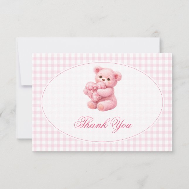 Invitation Pink Gingham Teddy Bear Neutral Baby Shower (Devant)