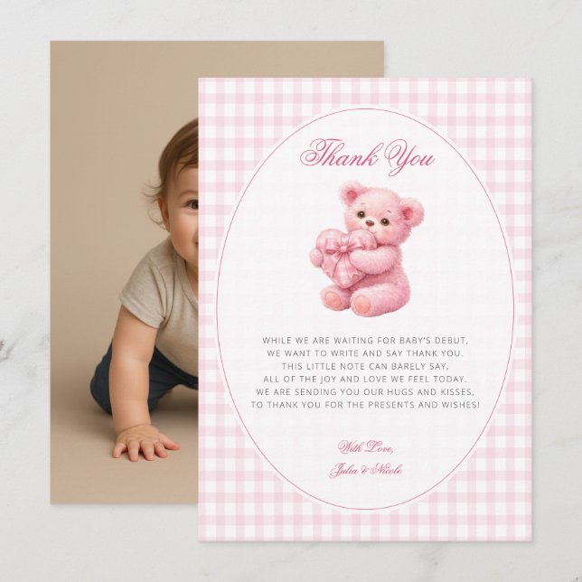 Invitation Pink Gingham Teddy Bear Neutral Baby Shower (Devant / Derrière)