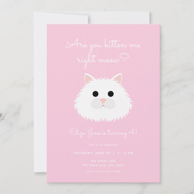 Invitation Pink Girl Are You Kitten Me Anniversaire Invitatio (Devant)