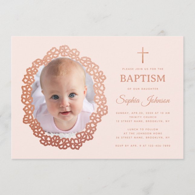 Invitation Pink Girl Baptism Photo in Rose Gold Floral Wreath (Devant)