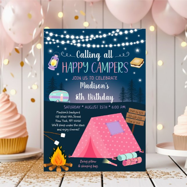 Invitation Pink Girl Camping S'mores Sleepover Anniversaire (Créateur téléchargé)