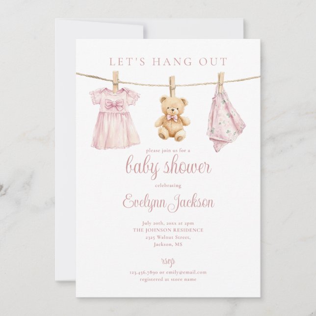 Invitation Pink Girl Clothesline Baby Shower Photo QR Code (Devant)