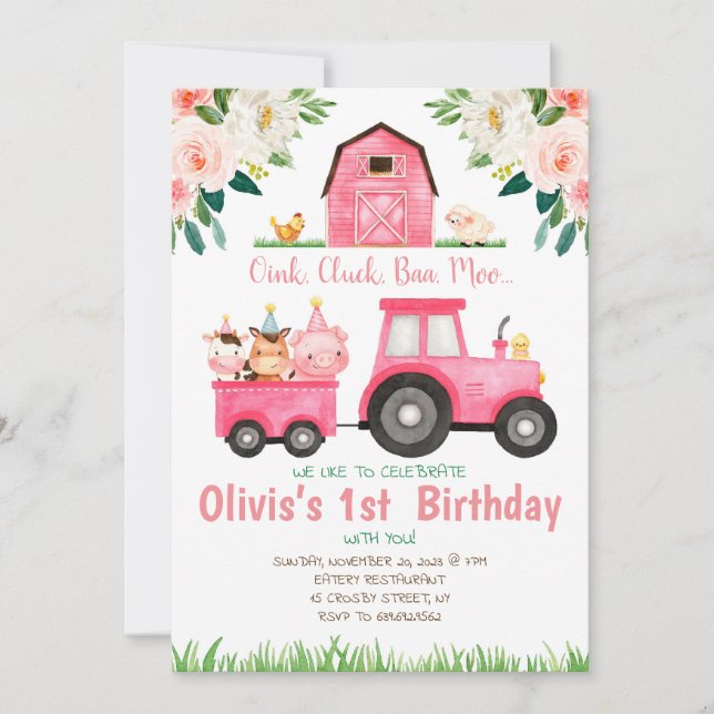 Invitation Pink girl Farm animaux fête d'anniversaire (Devant)