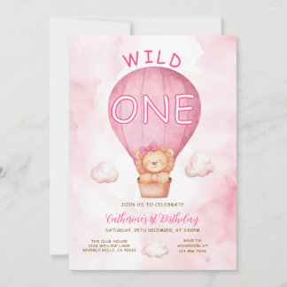 Invitation Pink Girl Lion Wild One Hot Air Balloon Birthday