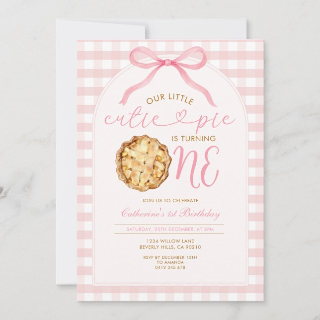 Invitation Pink Girl Our Little Cutie Pie En vichy Anniversai (Devant)
