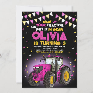 Invitation Pink Girl Tracteur 3e fête d'anniversaire