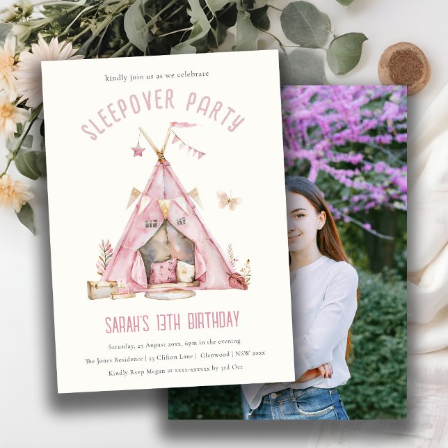 Invitation Pink Girls Tent Slepover Stwood Photo Anniversaire (Créateur téléchargé)