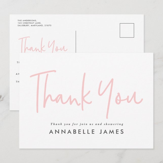 Invitation Pink girly typographie moderne stylisé merci (Devant / Derrière)