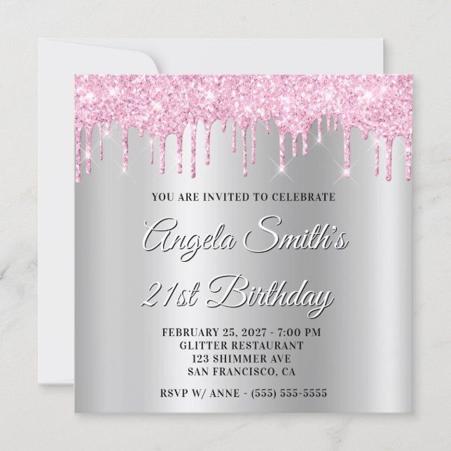 Invitation Pink Glitter Drips Silver Ombre Drop Shadow (Devant)