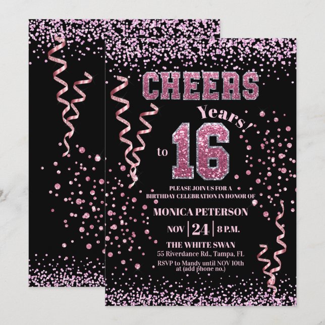 Invitation Pink Glitter Rhinestones 16th Birthday Party  (Devant / Derrière)