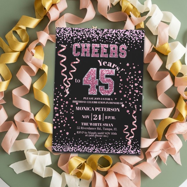 Invitation Pink Glitter Rhinestones 45th Birthday Party  (Créateur téléchargé)